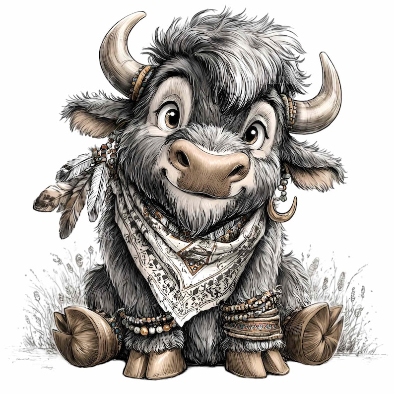 K&ouml;nnte beinhalten: Cartoon-Illustration eines l&auml;chelnden Yaks mit Halstuch, Federn und Schmuck. Das Yak ist grau und braun mit gro&szlig;en Augen und gebogenen H&ouml;rnern. Es sitzt im hohen Gras, vor wei&szlig;em Hintergrund.