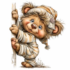 May include: A cartoon illustration of a teddy bear wearing a striped nightcap and pajamas. The bear is brown with blue eyes and rosy cheeks, holding onto a wooden pole. The pajamas are cream-colored with yellow stripes.