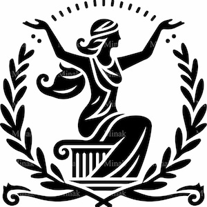 May include: A black and white illustration of a woman sitting on a pedestal with a laurel wreath around her. The woman is holding out her hands, and there are small dots around her. The image is in a circular frame.