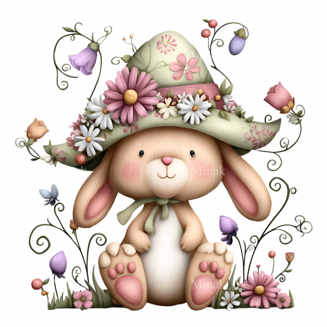 16 PNG Garden Rabbit Floral Hat Bunny Clipart, Spring Nursery - Etsy