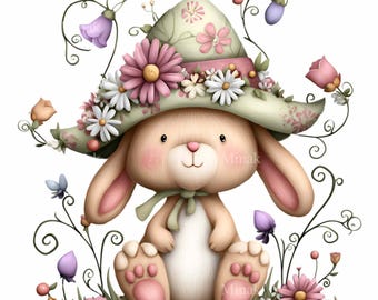 16 PNG Garden Rabbit Floral Hat Bunny Clipart, Spring Nursery