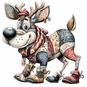 Può includere: Un'illustrazione stravagante di un personaggio ibrido renna-cane. Il personaggio è adornato con motivi patchwork, un cappello rosso e una sciarpa a righe. Indossa stivali spaiati e ha le corna, creando un design unico e giocoso.