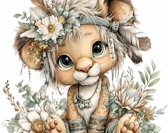 15 PNG Floral lion cub clipart – cute baby lion illustration – woodland animal art for nursery wall decor, baby shower, stickers, crafts