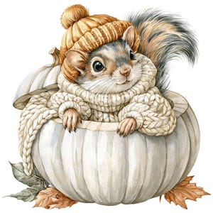 May include: Watercolor illustration of a squirrel wearing a knit hat and sweater, nestled inside a white pumpkin. The squirrel has a fluffy tail and is surrounded by autumn leaves. The artwork has a soft, warm color palette.
