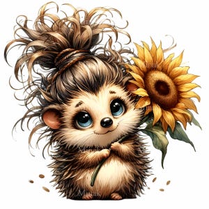 12 clipart PNG hérisson mignon tenant un tournesol avec des cheveux en désordre | Illustration d'animaux des bois pour décoration d'automne et travaux manuels pour enfants