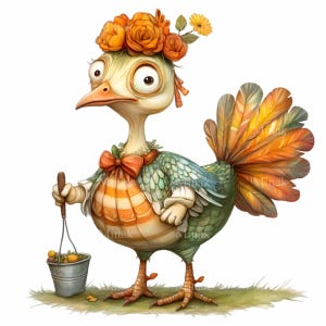 12 imágenes PNG de pavos vestidos de forma divertida, gallina de Acción de Gracias con cuchara, arte digital de aves de la cosecha peculiares