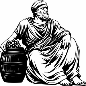 4 fichiers SVG Dieu antique SVG - Dionysos assis avec tonneau de vin et raisins - Art numérique mythologie pour Cricut et Silhouette