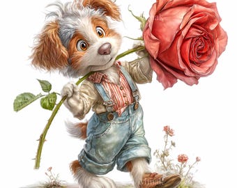 15 PNG Valphund Med Ros Clipart, Romantisk Djur Blommig Grafik