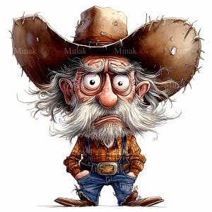 10 Funny Cowboy PNG Clipart, Old Western Rancher with Big Hat and Wild Beard, Whimsical Digital Illustration, Download