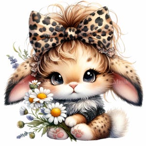 15 Süßer Hase PNG Clipart - Flauschiges Kaninchen mit Leoparden Schleife, Gänseblümchen & Schmetterlinge, entzückendes Frühlingstier, digitaler Download