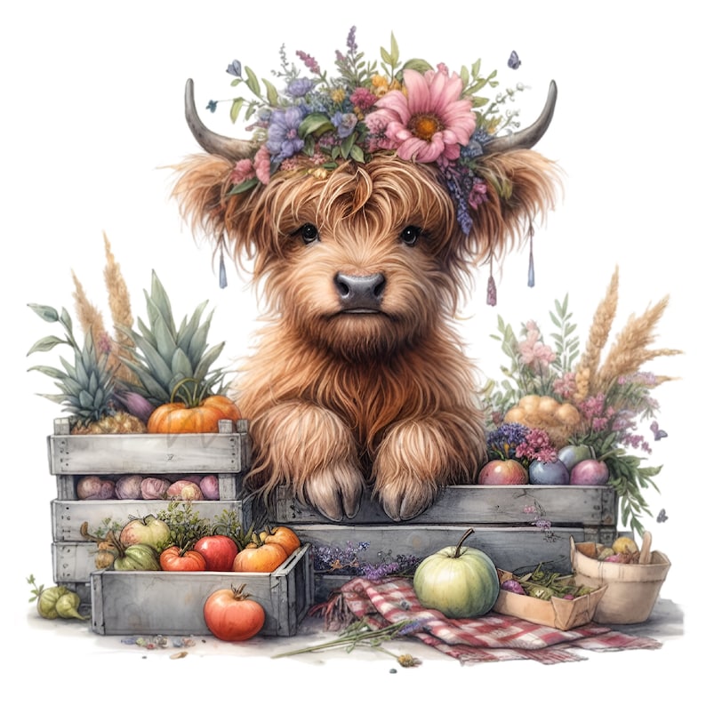 K&ouml;nnte beinhalten: Eine Highland-Kuh mit einer Blumenkrone sitzt vor zwei Holzkisten, die mit frischem Obst und Gem&uuml;se gef&uuml;llt sind, darunter &Auml;pfel, Tomaten, K&uuml;rbisse und Ananas.