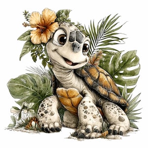 May include: Watercolor illustration of a smiling turtle with large brown eyes, adorned with a flower crown and surrounded by lush green tropical foliage. The turtle's shell is brown and tan, and its skin is a light beige color.