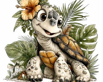 14 PNG Tropical Turtle Clipart – Cute Animal Summer Art – Jungle Leaf Hibiscus Design for Kids Crafts, Sublimation Prints, Stickers & Decor