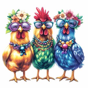 15 cliparts PNG de poulet coloré avec des verres et des couronnes florales | Trio drôle de coqs de ferme | Téléchargement numérique instantané
