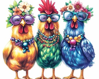May include: Three chickens wearing colorful flower crowns, sunglasses, and beaded necklaces. The chickens are yellow, green, and blue.