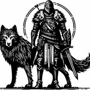 6 SVG Wolf Ritter SVG Schnittdatei, mittelalterlicher Krieger mit Schwert und Wolf Clipart für Cricut, Fantasy Animal Companion Design