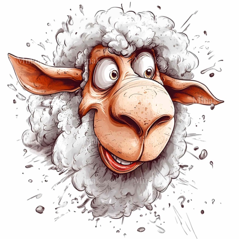 May include: A cartoon sheep with white wool and a brown face. The sheep has a wide-eyed, surprised expression and its mouth is open in a wide grin. The sheep's face is surrounded by a burst of white wool and white dots.