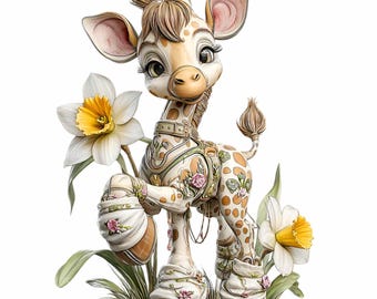 14 imágenes prediseñadas de jirafas bebés y narcisos PNG, animales de safari floral