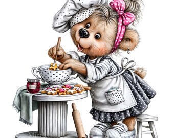15 PNG Chef Bear Clipart, Polka Dot Apron Star Cookie Baking