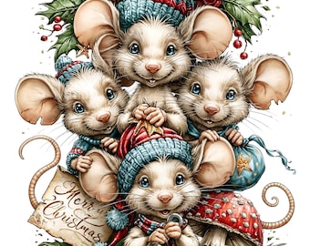 May include: A group of four illustrated mice wearing knit hats and scarves, surrounded by holly leaves, red berries, and a mushroom. One mouse holds a silver bell, and another holds a parchment scroll with the text Merry Christmas written on it.
