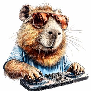 12 coole DJ Capibara-png-clipart met platenspeler en zonnebril, leuke illustratie met muziekthema