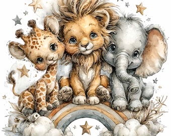15 PNG Safari Tiere Regenbogen, Löwe Giraffe Elefant Clipart