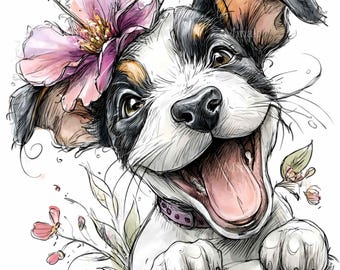 15 PNG Floral dog clipart - cute puppy with flower digital download for pet lover gifts, nursery wall art, kids party crafts and decor