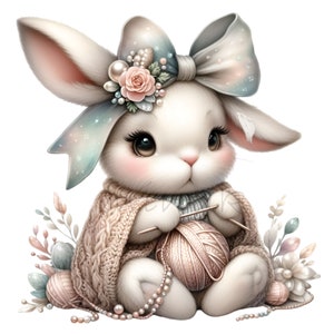 10 Strickendes Häschen PNG Clipart - süßes weißes Kaninchen mit großer Schleife, Wollknäuel, Blumenumhang, Perlen, weiche Pastellfrühlingskunst