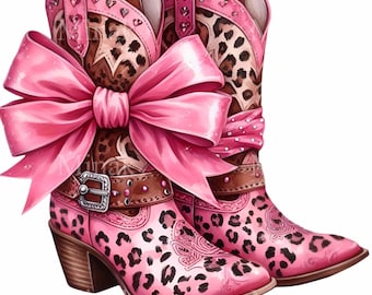 May include: A pair of pink cowboy boots with a leopard print design and a large pink bow. The boots have brown heels and a brown buckle.