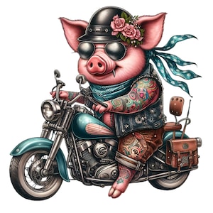 12 PNG biker pig clipart – tattoo pig on motorcycle – funny animal art for t-shirt designs, biker decor, edgy farm crafts, digital download