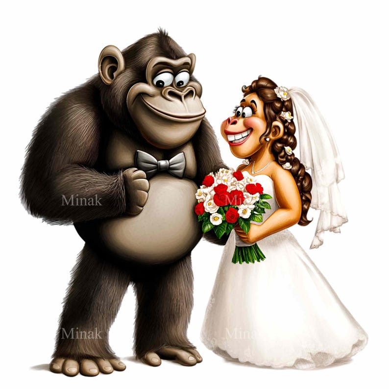 12 PNG Monkey Wedding Clipart, Chimp Bride and Groom, Funny Jungle ...