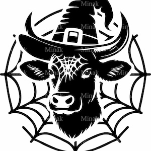 5 SVG Heifer Witch SVG Cut File, Cow Head with Witch Hat and Spider Web, Halloween Farm Animal Silhouette for Cricut