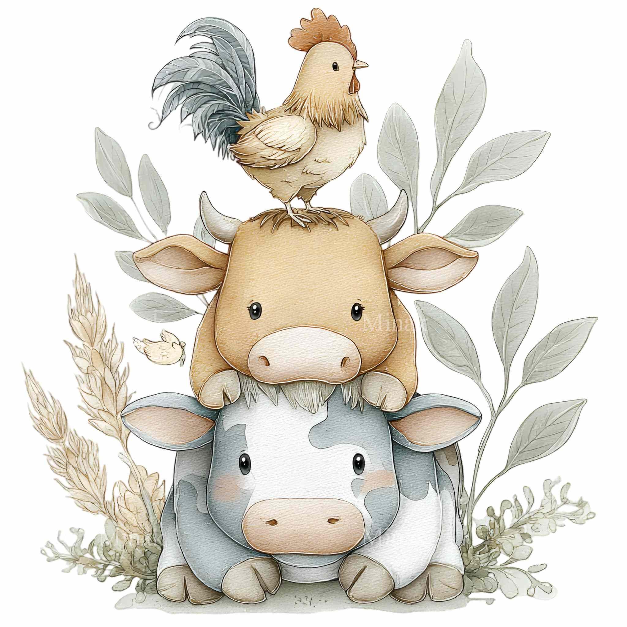 16 PNG Watercolor Farm Animal Clipart – Cow Donkey Chicken Illustration ...