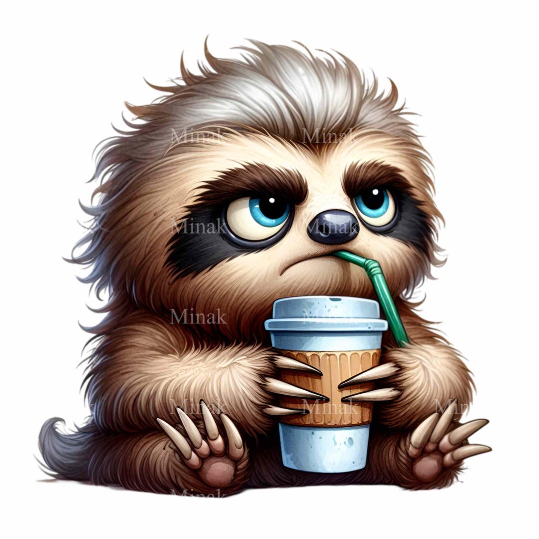 15 PNG Grumpy Sloth Coffee Clipart – Funny Lazy Animal With Cup for ...
