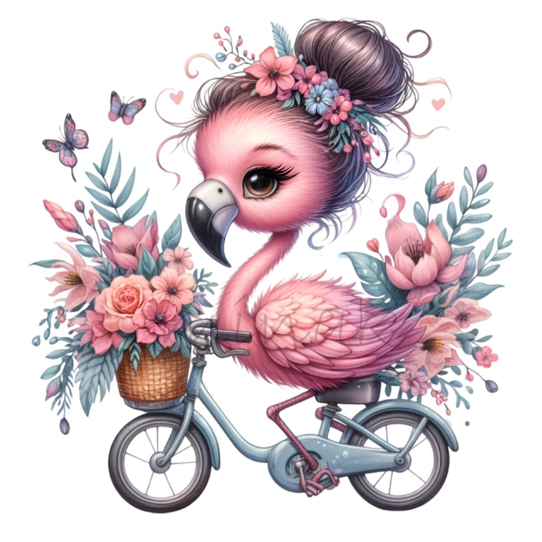 Flamingo Floral Bicycle Clipart, 15 PNG Cute Baby Bird Nursery Kids ...