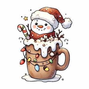 19 PNG de boneco de neve em caneca de chocolate clipart – Bebida quente de Natal fofa PNG – Sublimação de feriado para cartões, adesivos, artesanato de inverno