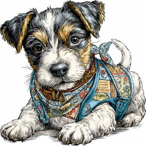 May include: A detailed illustration of a Jack Russell Terrier puppy. The puppy has a tricolor coat of black, white, and tan. It wears a blue and floral patterned scarf and harness with a gold-colored collar. The puppy is lying down, looking directly at the viewer.