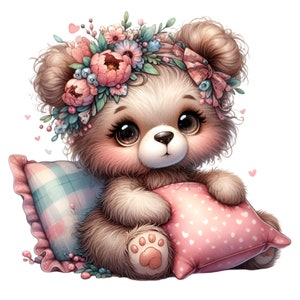 12 clipart floral d'ours PNG - Animal de coussin PNG - Art mignon d'ourson de fille pour la décoration de chambre d'enfant, les invitations de baby shower, les autocollants ou les travaux manuels
