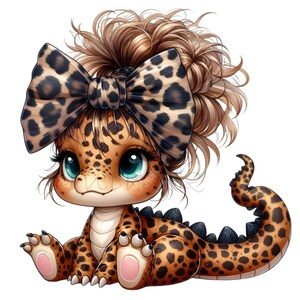 Dinosaurie-clip art, 10 PNG-kladdig bulle, dinosaurieflicka-clipart, rolig djur-clipart, utskrivbar leopardmönster-rosett för barnrum, DIY-korttillverkning bild 2