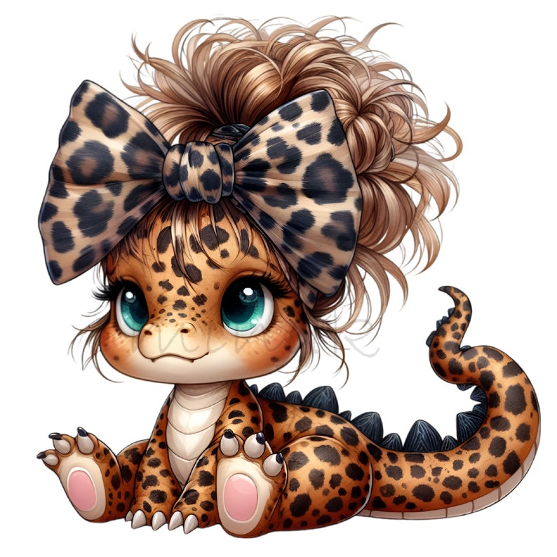 Dinosaurie-clip art, 10 PNG-kladdig bulle, dinosaurieflicka-clipart, rolig djur-clipart, utskrivbar leopardmönster-rosett för barnrum, DIY-korttillverkning bild 2