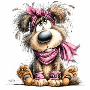 May include: A cartoon illustration of a sad-looking dog with brown fur, wearing a pink bandana, scarf, and matching boots. The dog has a large black nose, big eyes, and a slightly open mouth. The image has a watercolor style with ink splatters.