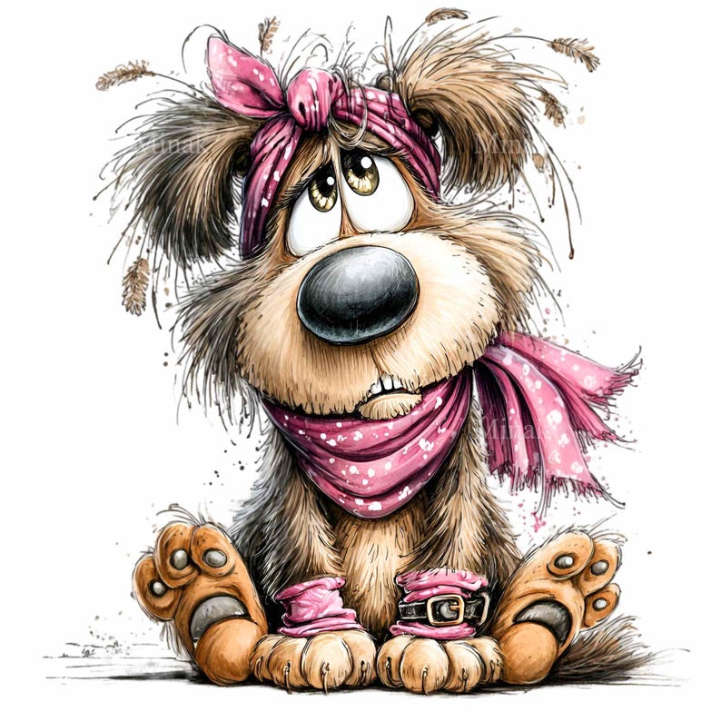May include: A cartoon illustration of a sad-looking dog with brown fur, wearing a pink bandana, scarf, and matching boots. The dog has a large black nose, big eyes, and a slightly open mouth. The image has a watercolor style with ink splatters.