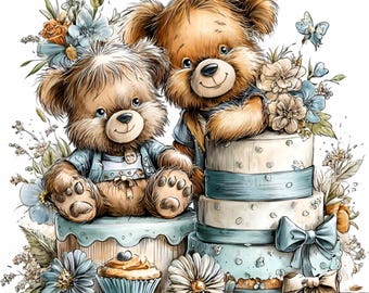 May include: An illustration of two teddy bears with light brown fur, smiling and surrounded by flowers. One bear sits atop a cake, the other leans on a tiered cake. A cupcake and butterfly are also present. The color palette includes blue, brown, and white.