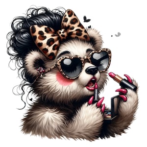 12 imágenes prediseñadas PNG de pandas lindos para descargar digitalmente: panda esponjoso con gafas de sol de leopardo, lazo, lápiz labial rosa y espejo compacto