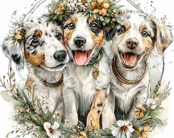 11 Australian Shepherd Puppy Trio Floral Wreath Png, Dogs Sublimation Portrait