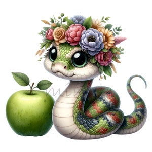 12 Cliparts PNG de cobra fofa com coroa de flores e maçã verde para decoração infantil, tema de selva, sublimação, arte para berçário de animais