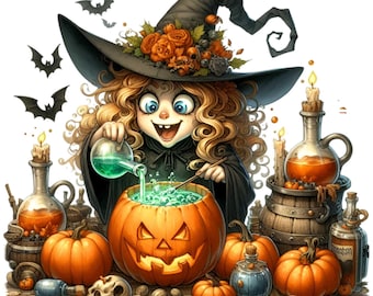 10 Blonde Witch Pumpkin Cauldron PNG, Green Potion Autumn Bat Graphic