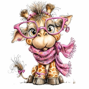 12 PNG Cute glasses animal – Giraffe PNG clipart – Baby girl design for nursery decor, kids wall art, birthday cards, digital print