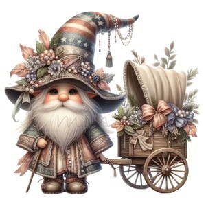 12 Patriotic Gnome PNG Clipart with USA Hat, Floral Wagon & Vintage Outfit | America Folk Design for Sublimation and Crafts