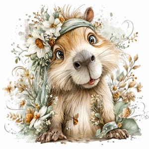 May include: A watercolor illustration of a cute capybara with big eyes, wearing a green headband and surrounded by white and yellow flowers. A small butterfly is near the capybara's paw. The capybara has brown fur and a friendly expression.